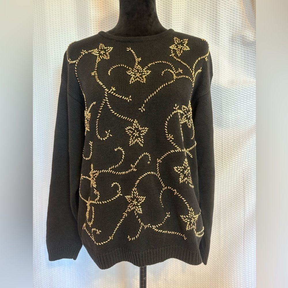 Vintage Cezanne black sweater with gold beaded floral & vine design size Medium